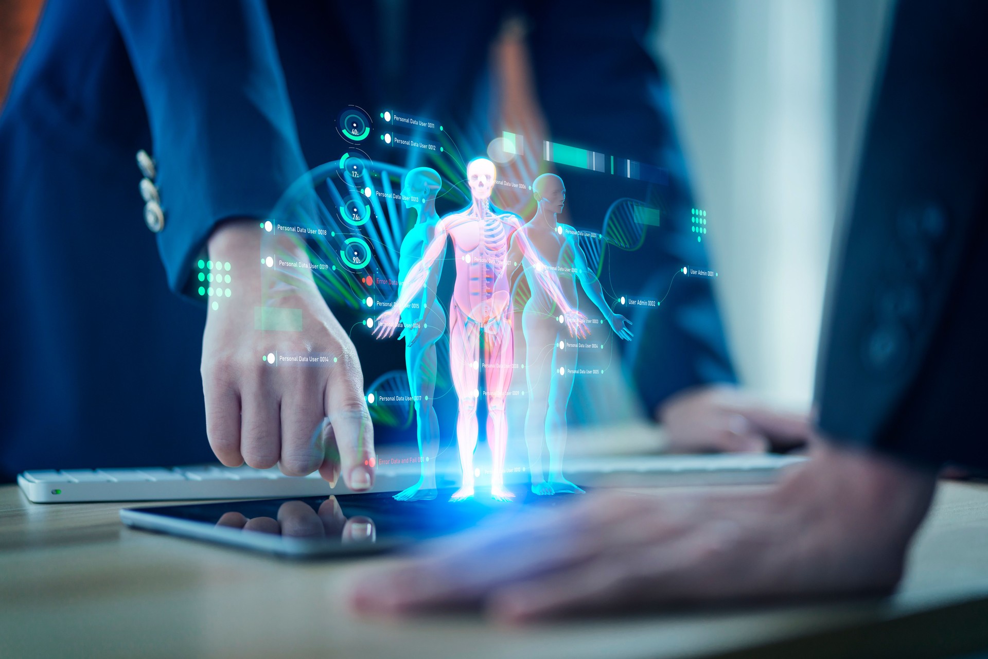 Digital healthcare and medical remote doctor technology 3D EHR AI metaverse doctor optimize patient care medicine pharmaceuticals biologics treatment examination diagnosis, doctor working on hologram